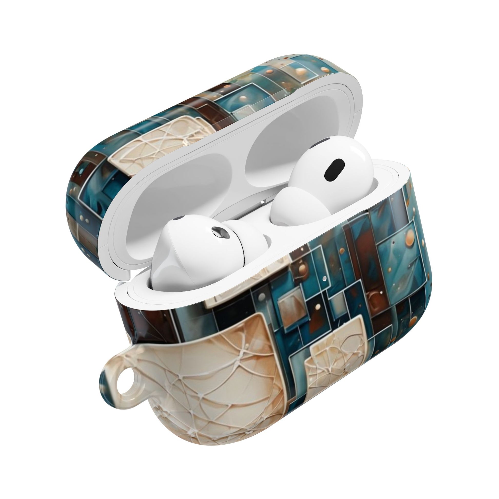 Architectural Drift AirPods case open showing protective cover with geometric architectural tile design