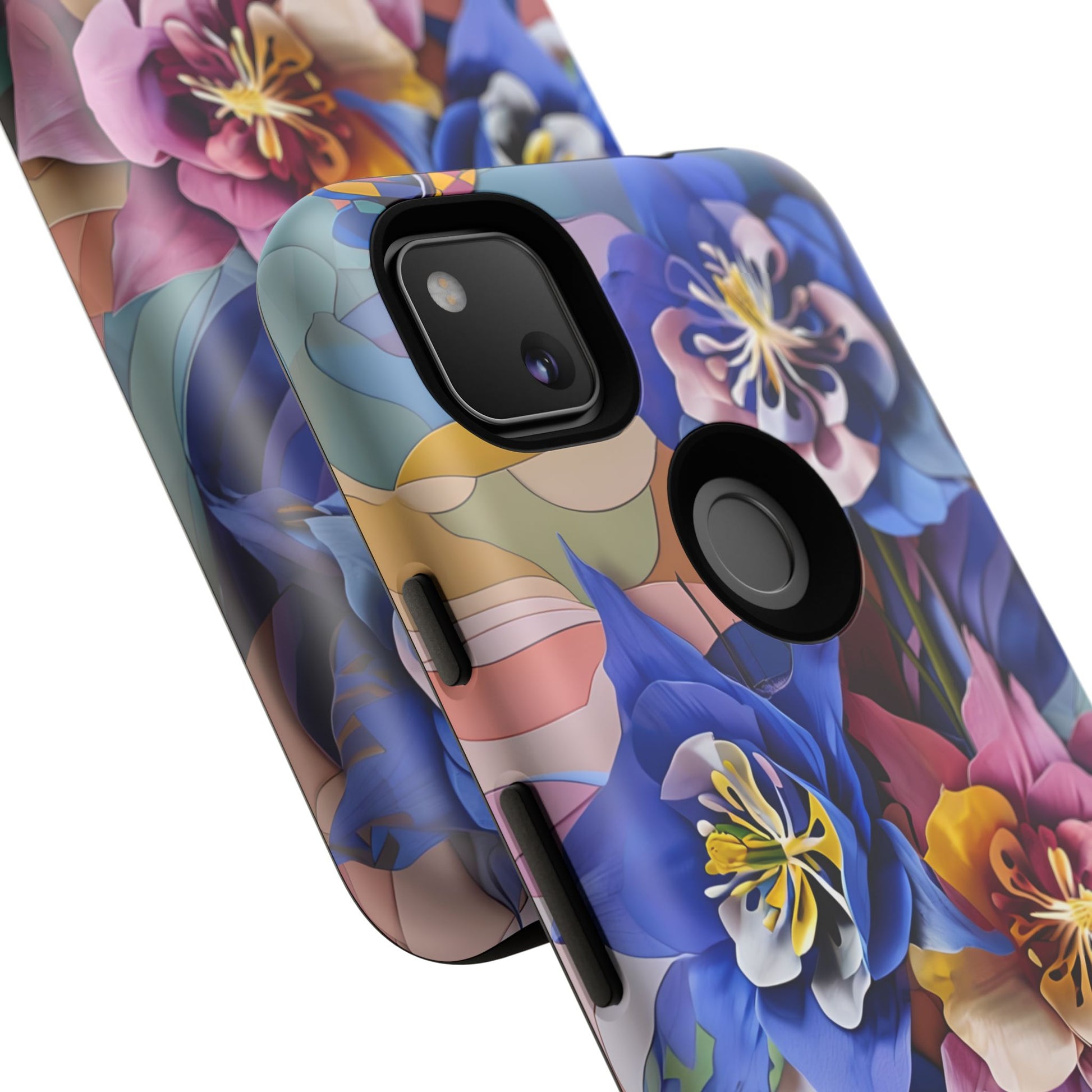 Blue Columbine Carnivale - Artistic Floral & Butterfly Google Pixel 4a Tough Phone Case - Vibrant Botanical Design
