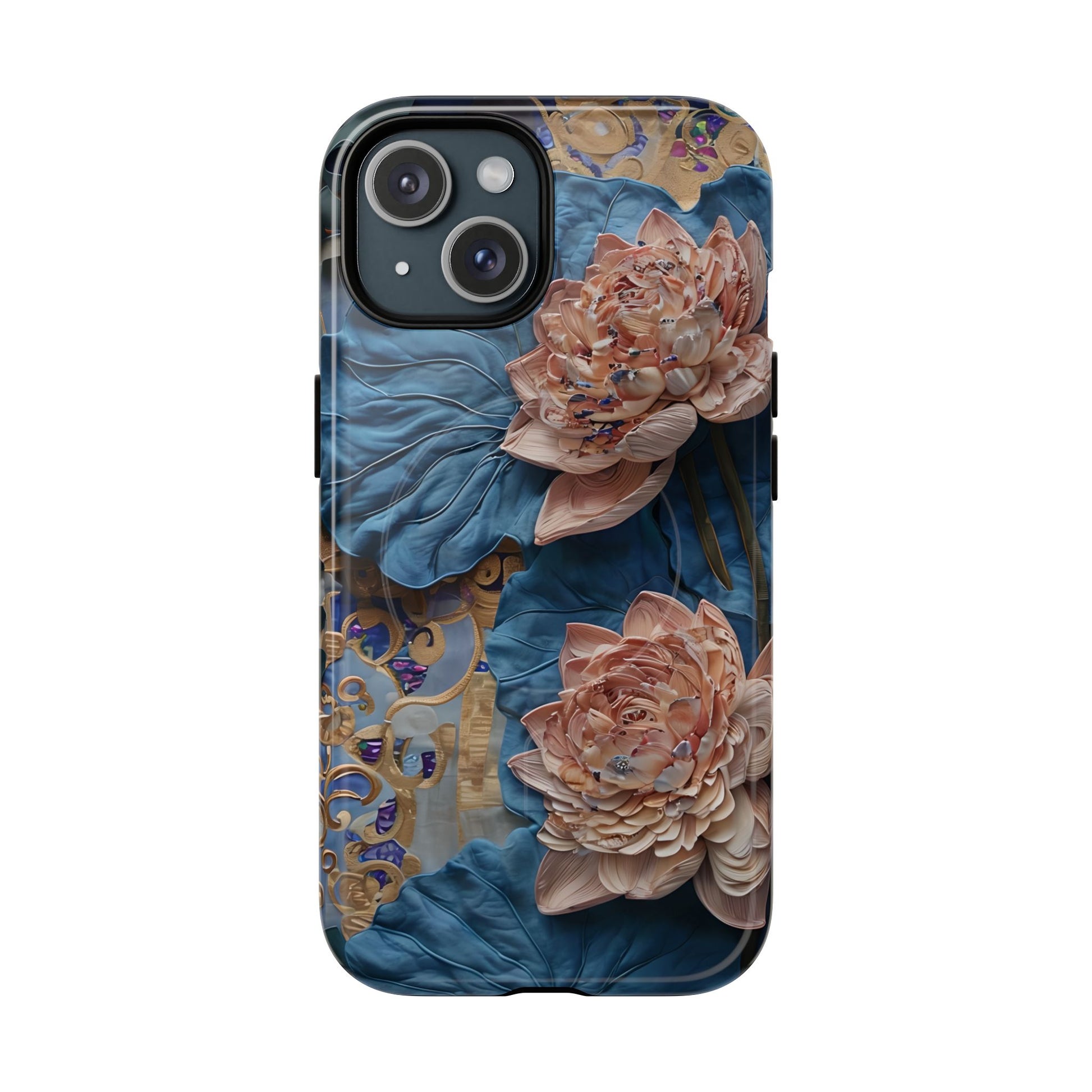 Peony Midnight Tapestry - iPhone 15 - MagSafe Compatible - Elegant Blue & Blush Artful Phone Cover
