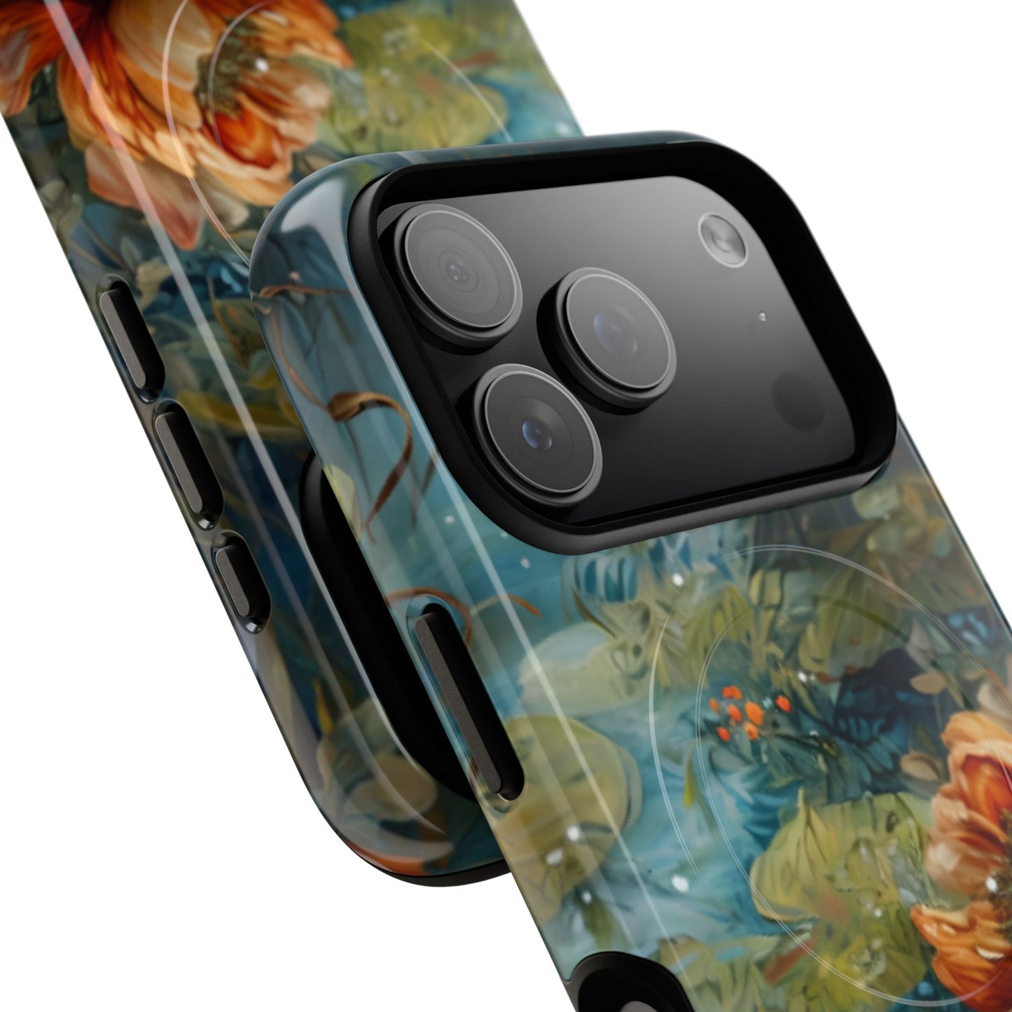 Waterlily Nocturne floral and water lily pond art iPhone MagSafe case angled view with large camera cutout