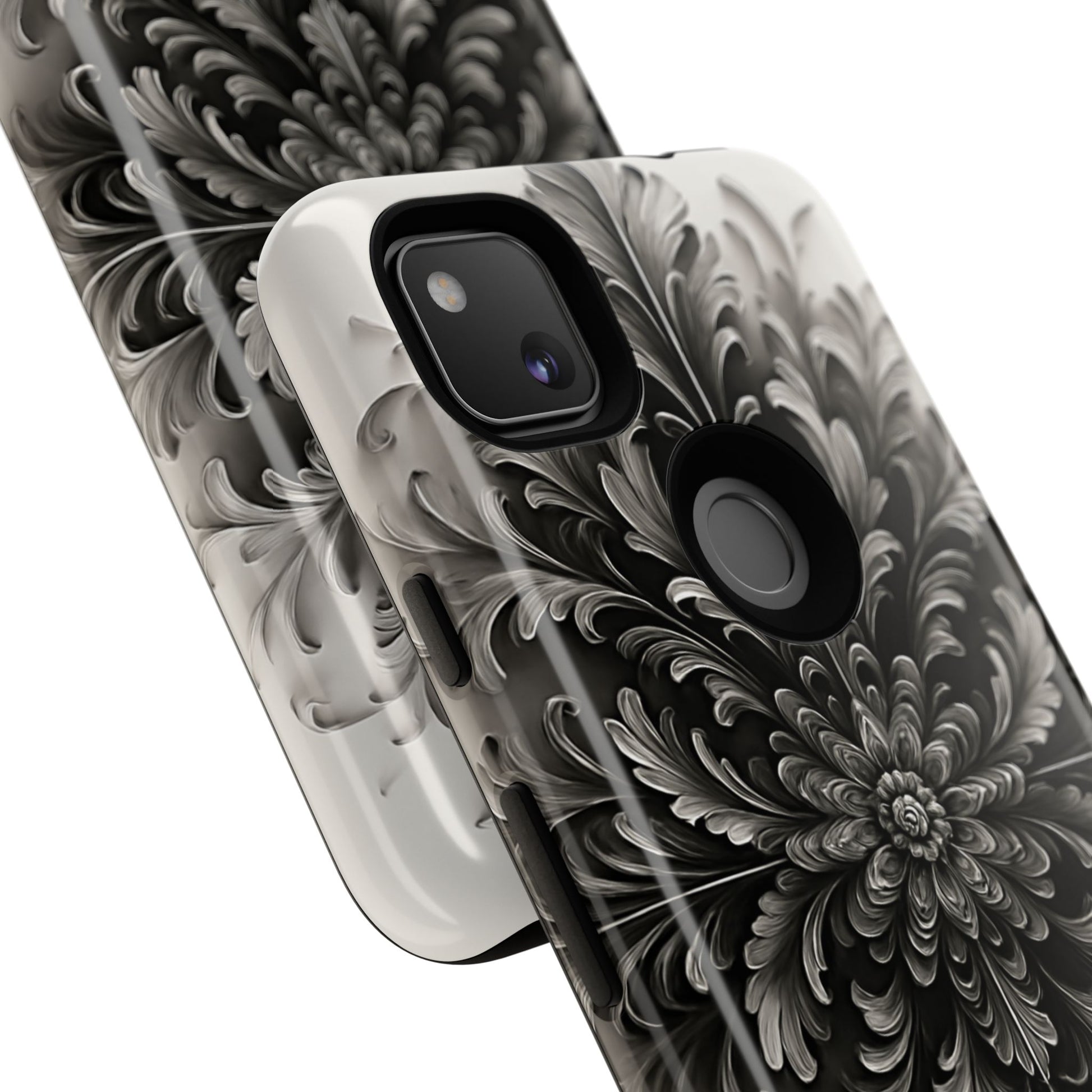 Obsidian Bloom - Elegant Black & White Google Pixel 4a Tough Phone Case - Intricate Mandala Flower Design
