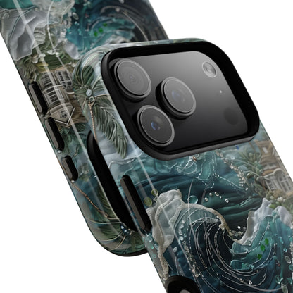 Angled view of Tropical Midnight Wave iPhone MagSafe protective phone case with large camera cutout