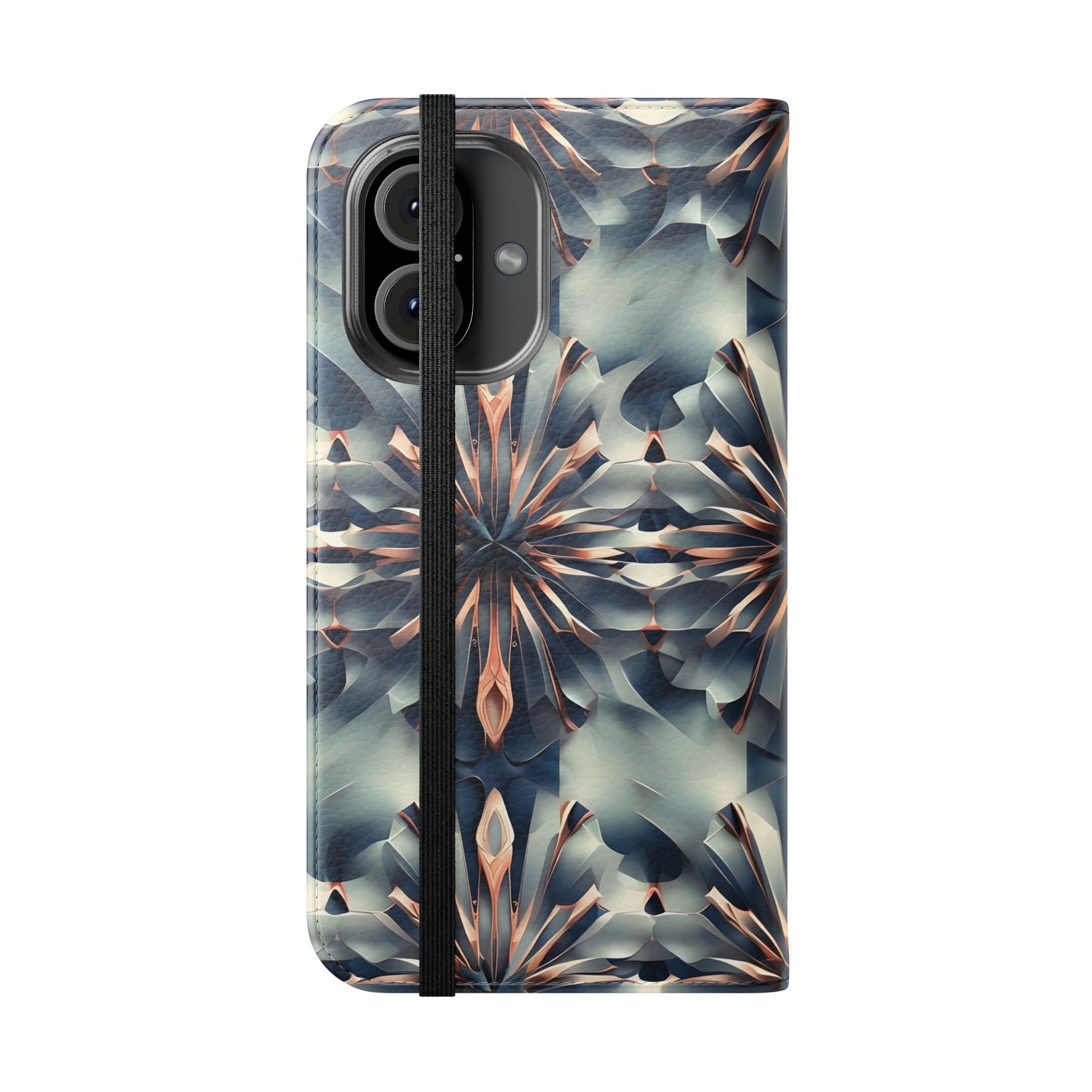 Obsidian Kaleidoscope iPhone 16 Wallet Case - Elegant Abstract Flip Cover with Card Slots