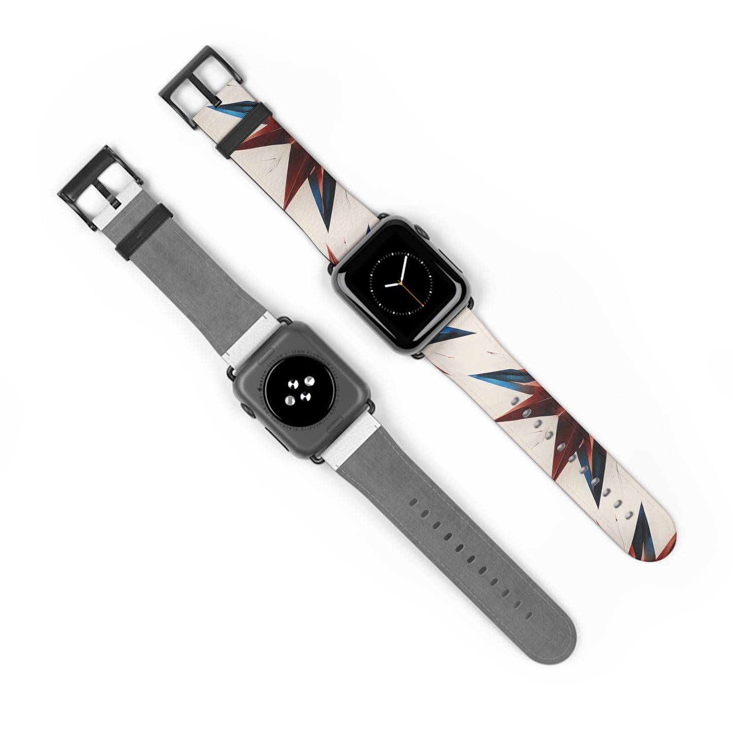 Garnet Starburst Apple Watch bands shown on two watches front and back highlighting red, white and blue starburst design