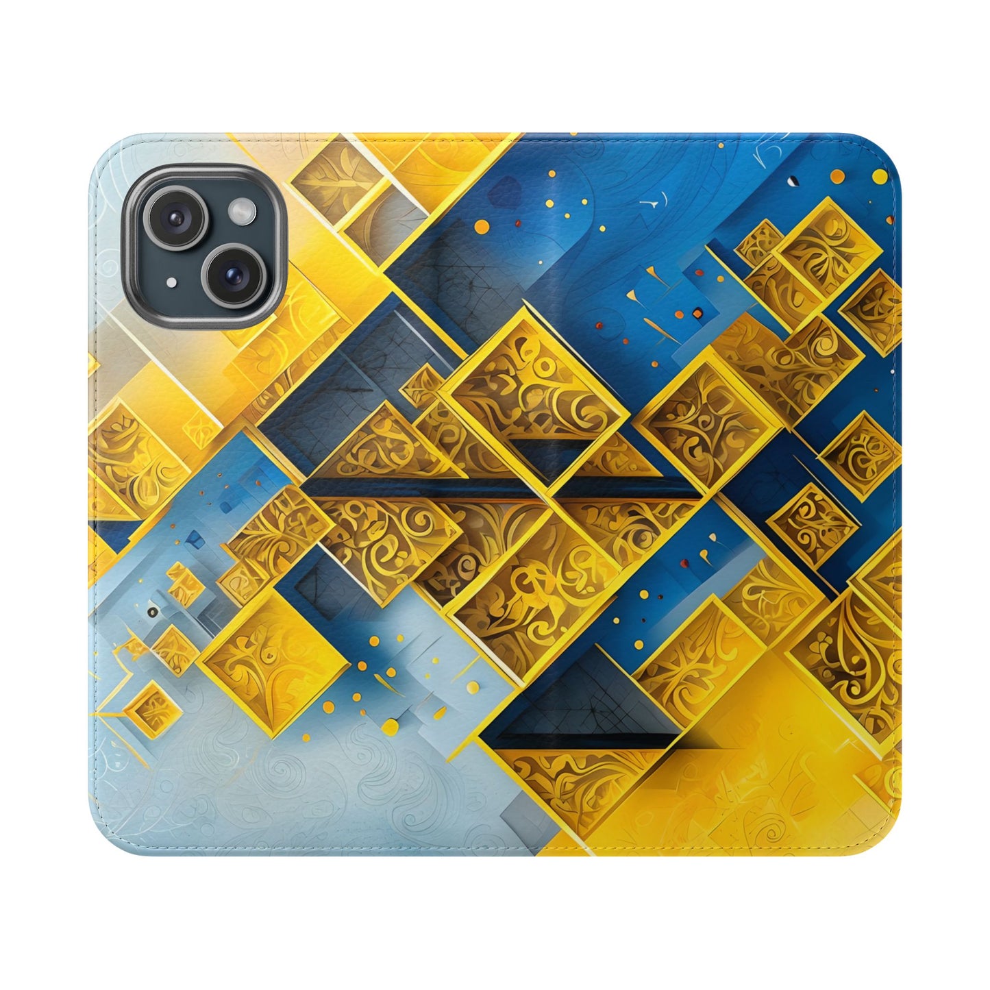 Golden Ascent geometric iPhone wallet flip phone case with gold ornamental blocks