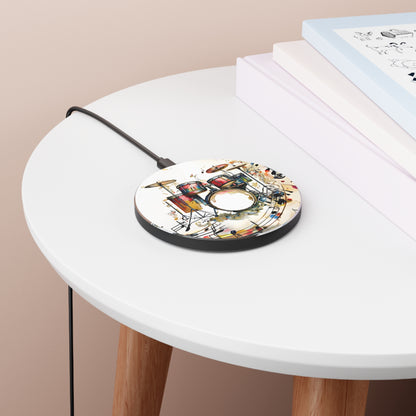 Beatline drum kit music art Qi wireless charger on bedside table with books
