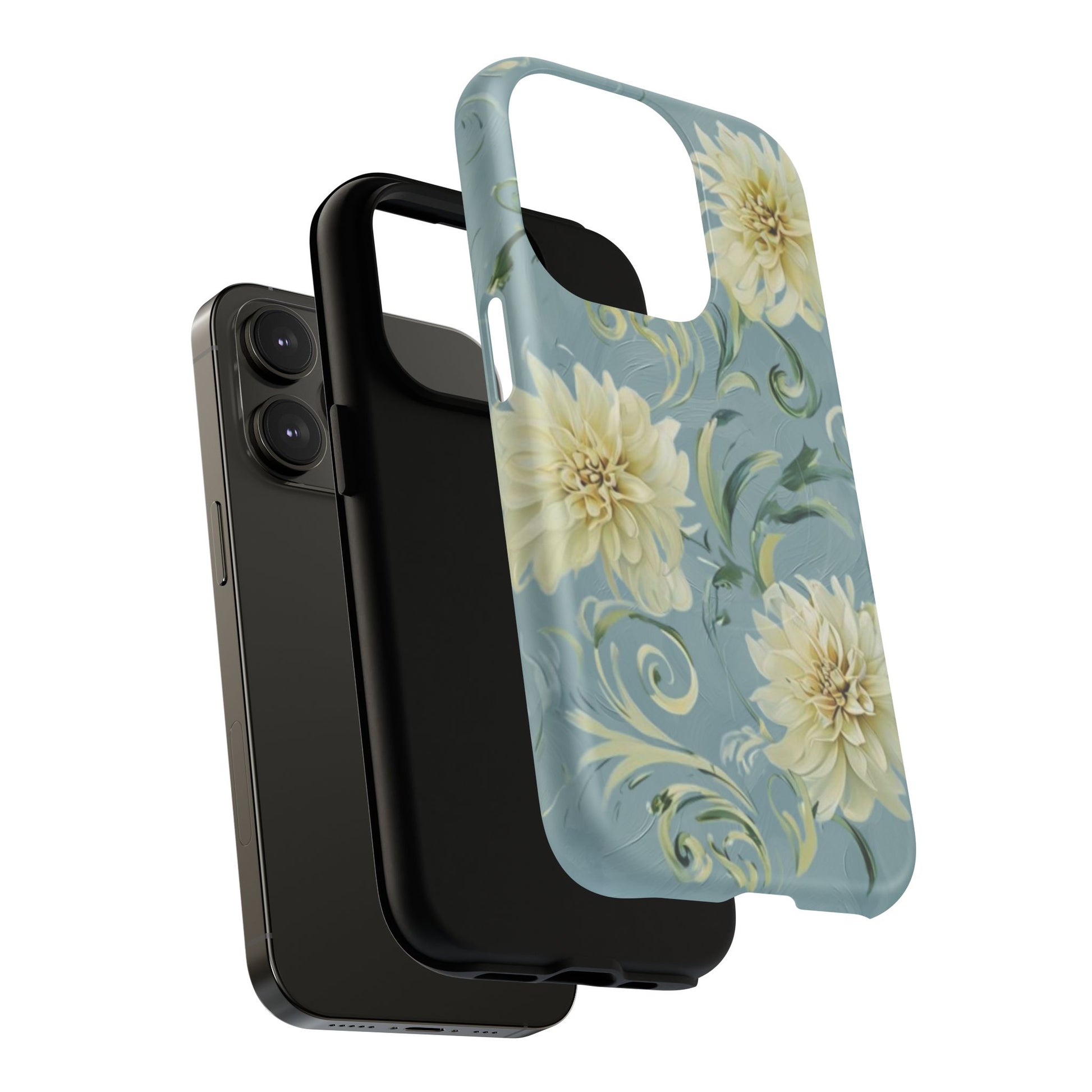 Golden Dahlia Trio - Elegant Floral iPhone 14 Pro MagSafe Phone Case - Artistic White & Blue Dahlia Design