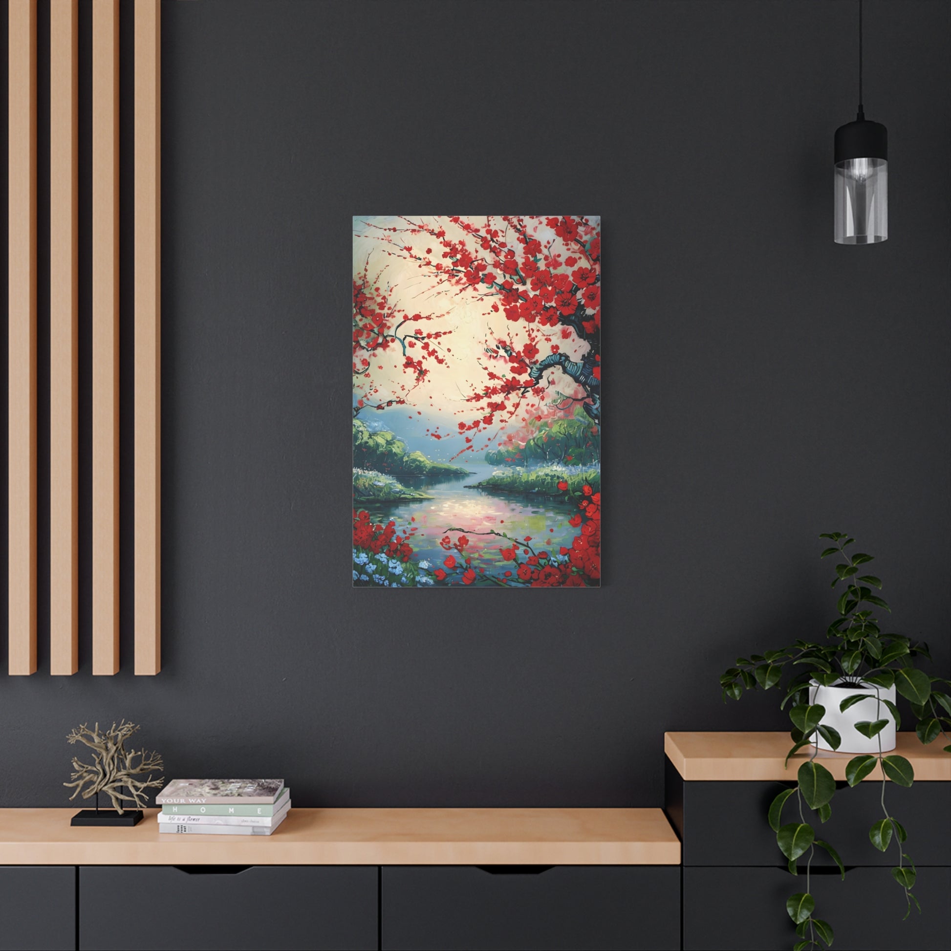 Crimson Blossom Lake wall art canvas displayed on a dark accent wall in a modern living room