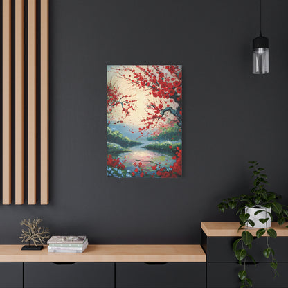 Crimson Blossom Lake wall art canvas displayed on a dark accent wall in a modern living room
