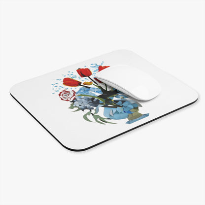 Bouquet Brilliance mouse pad in workspace with mouse showing colorful bouquet design