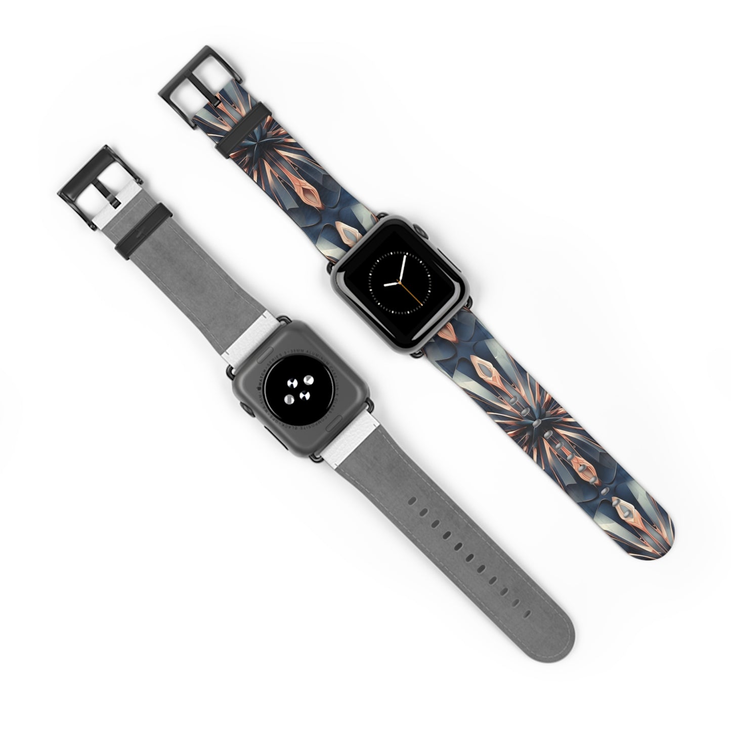 Obsidian Kaleidoscope Apple Watch bands shown on two watches front and back highlighting geometric kaleidoscope artwork