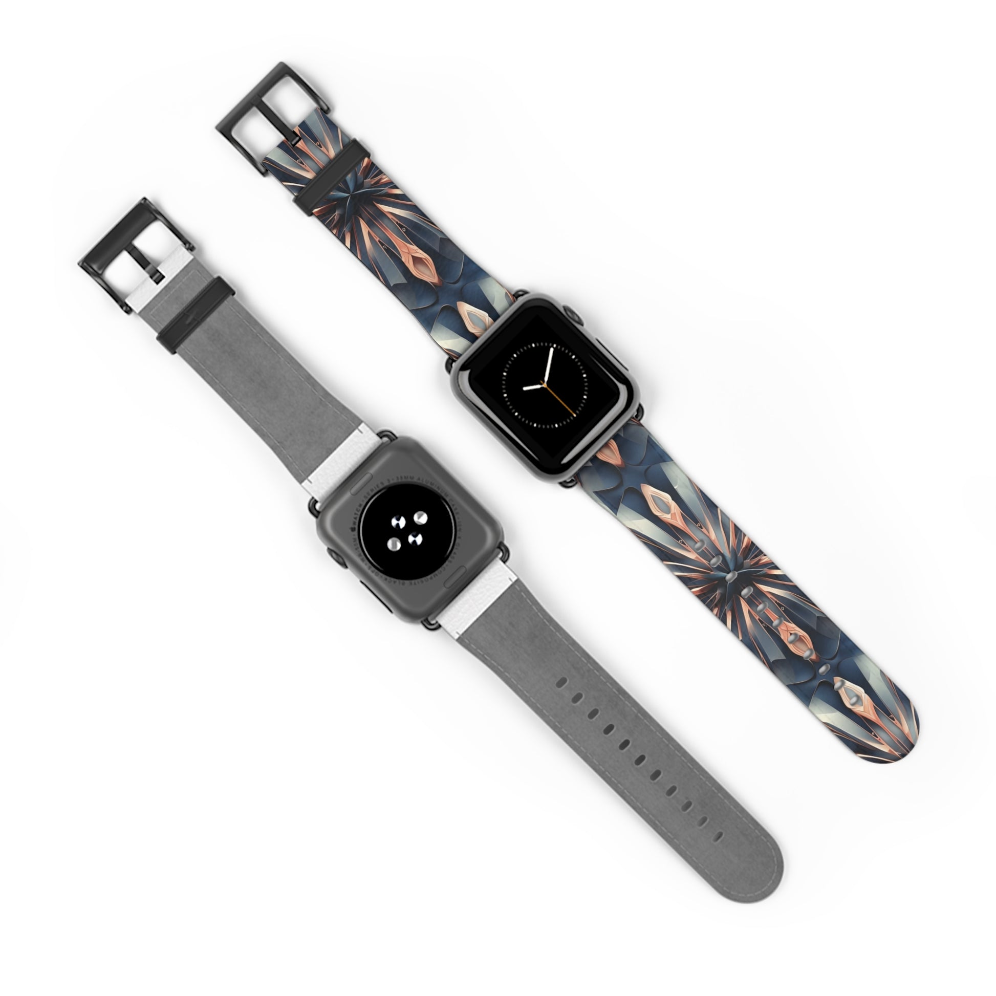 Obsidian Kaleidoscope Apple Watch bands shown on two watches front and back highlighting geometric kaleidoscope artwork