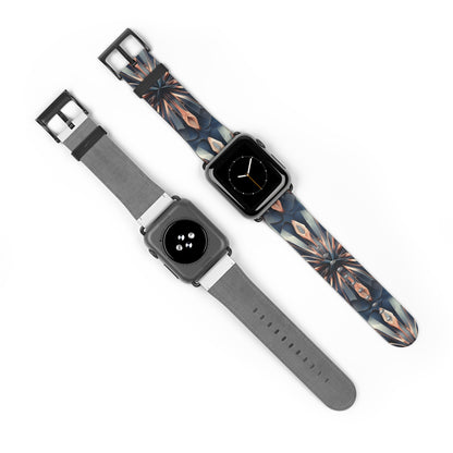 Obsidian Kaleidoscope Apple Watch bands shown on two watches front and back highlighting geometric kaleidoscope artwork