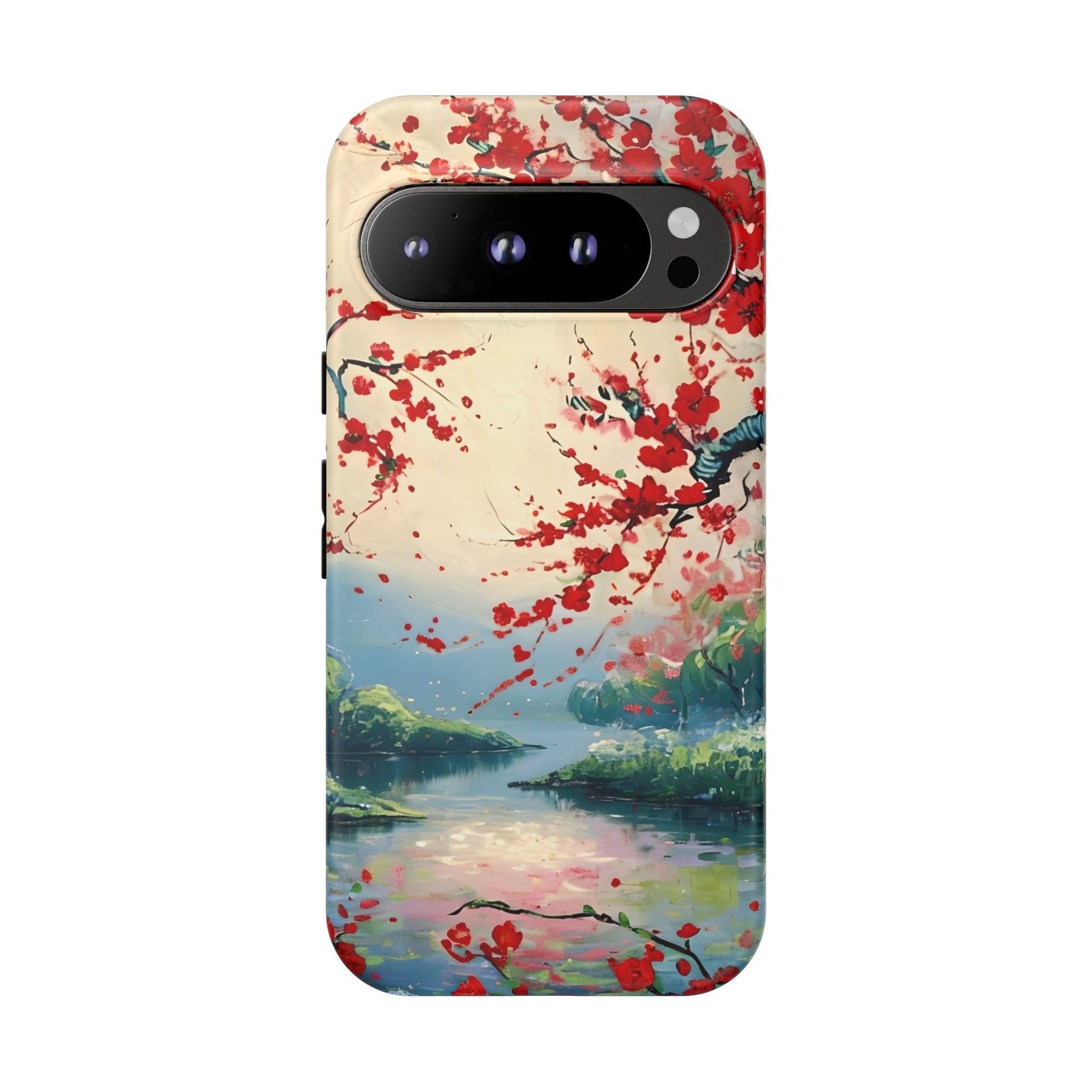 Crimson Blossom Lake - Artistic Floral Landscape Google Pixel 9 Pro Tough Phone Case - Red Cherry Blossoms & Serene Lake Design