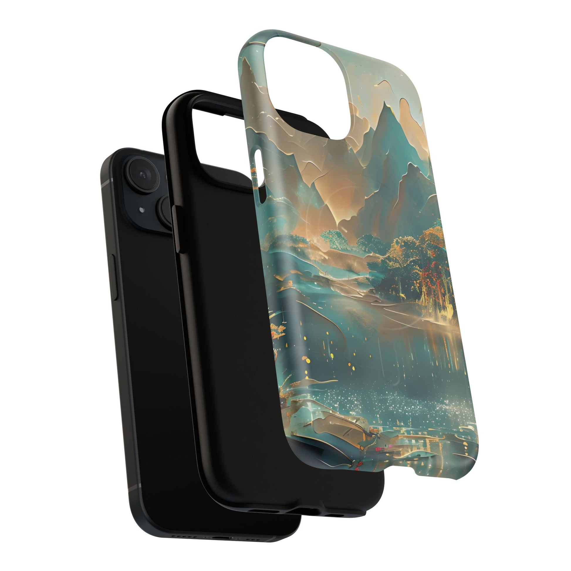 Misty Horizon - Serene Landscape Art iPhone 15 MagSafe Phone Case - Tranquil Mountain & Lake Design