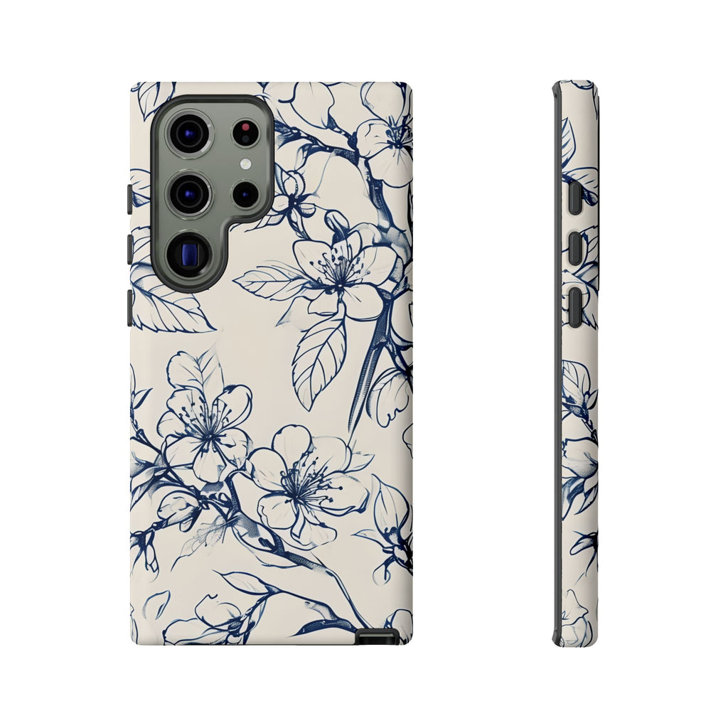 Blossom Sketch - Artistic Blue Floral Samsung Galaxy S23 Ultra Tough Phone Case - Hand-Drawn Botanical Design