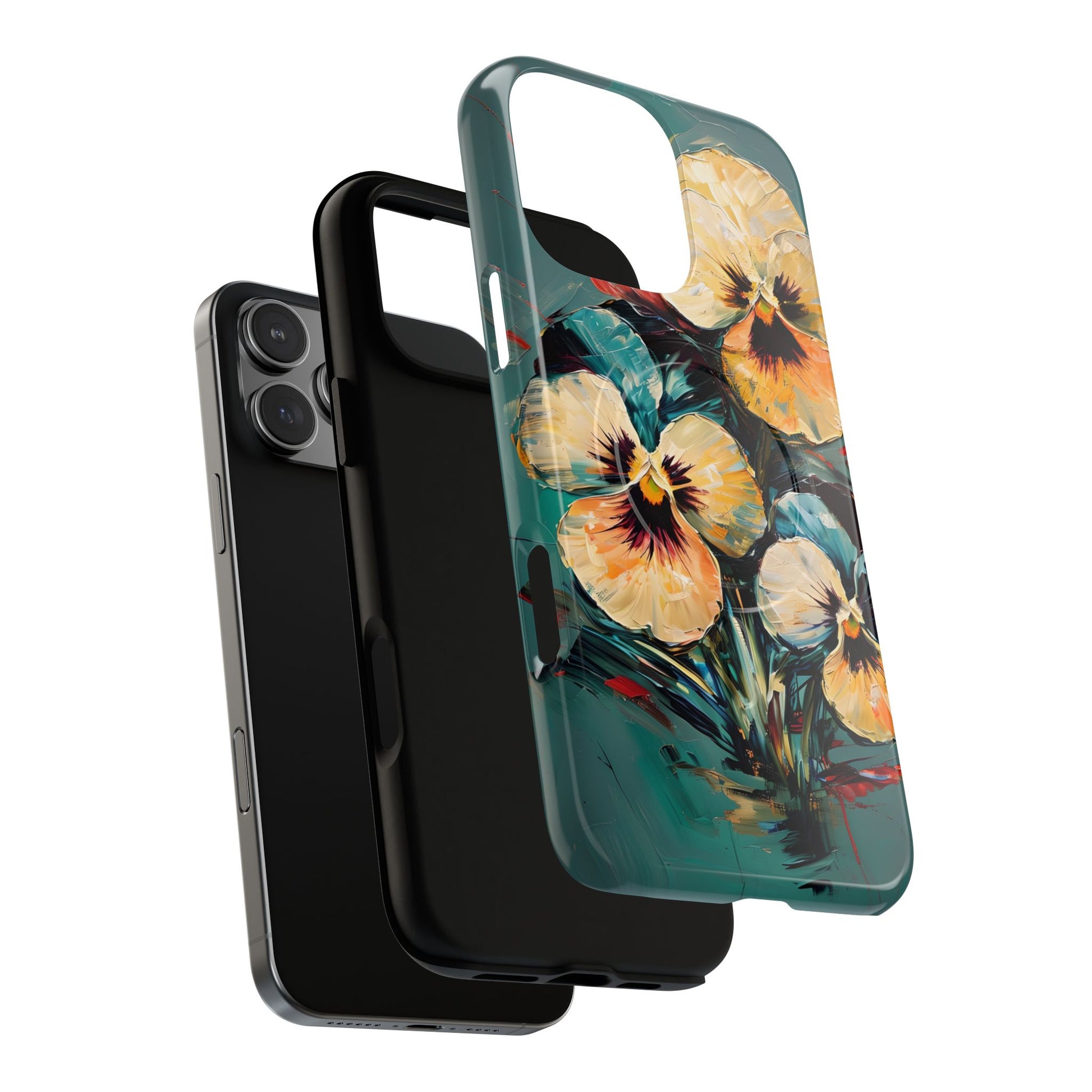 Golden Pansy Cascade - Elegant Floral iPhone 16 Pro Max MagSafe Case with Deep Teal Background