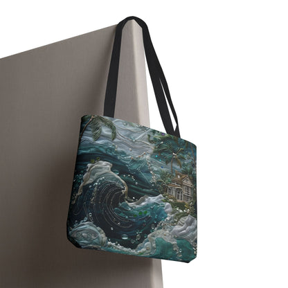 Tropical Midnight Wave canvas tote bag hanging with teal tropical wave design