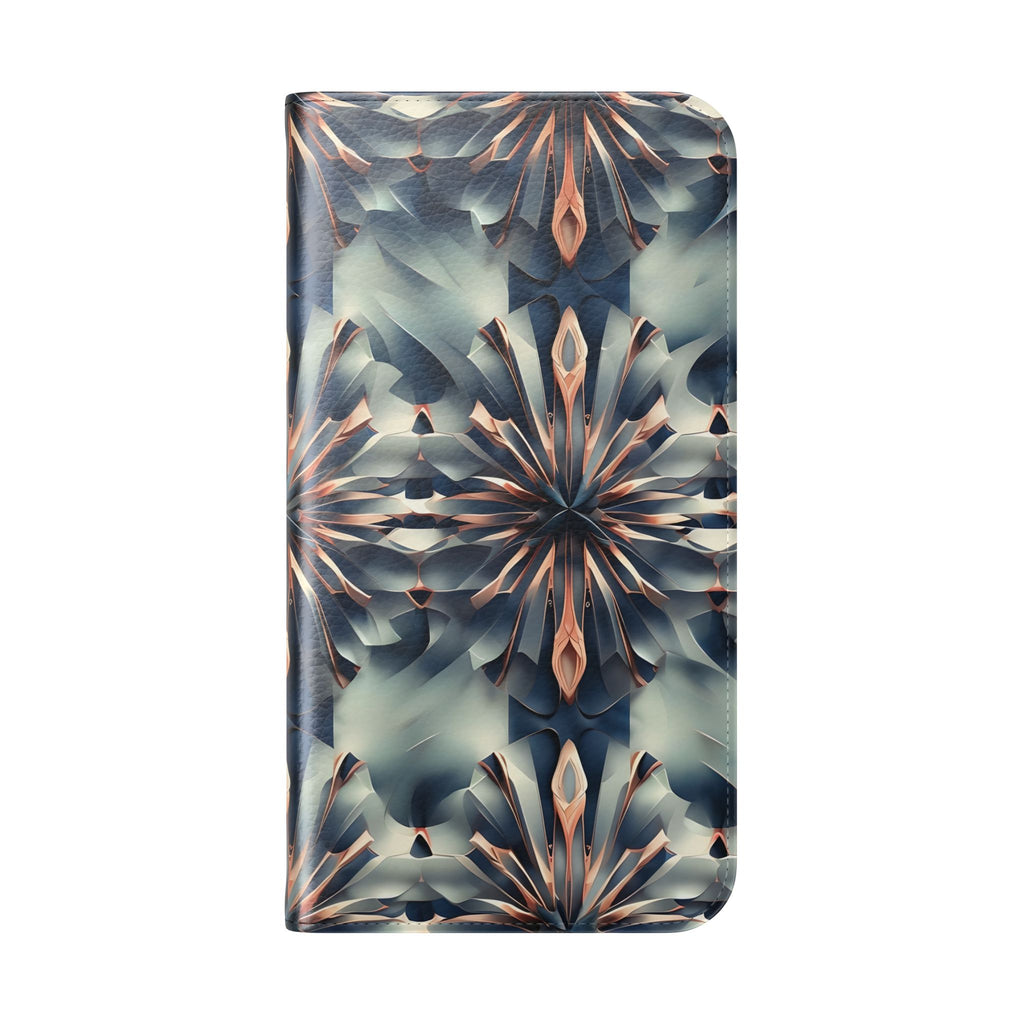 Obsidian Kaleidoscope iPhone 14 Plus Wallet Case - Elegant Abstract Flip Cover with Card Slots