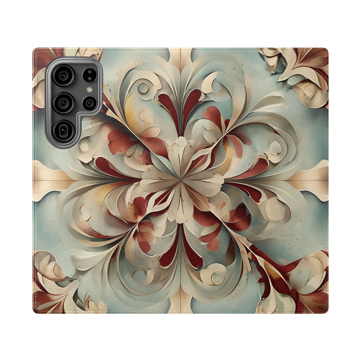 Vintage Baroque Blossom Samsung Galaxy wallet flip phone case with ornate floral baroque pattern in soft antique tones