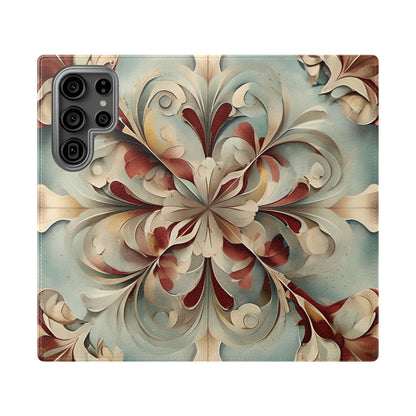 Vintage Baroque Blossom Samsung Galaxy wallet flip phone case with ornate floral baroque pattern in soft antique tones