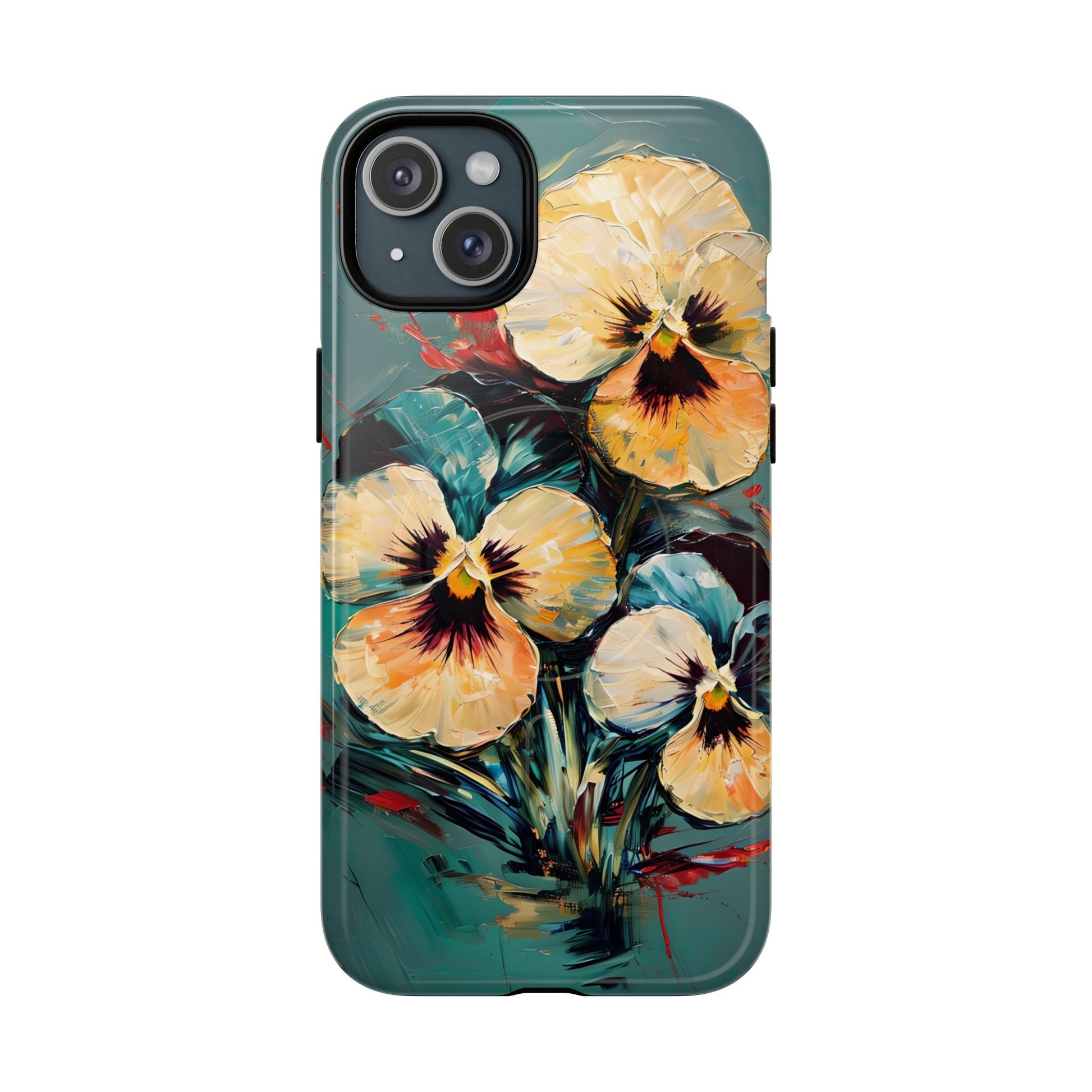 Golden Pansy Cascade - Elegant Floral iPhone 15 Plus MagSafe Case with Deep Teal Background