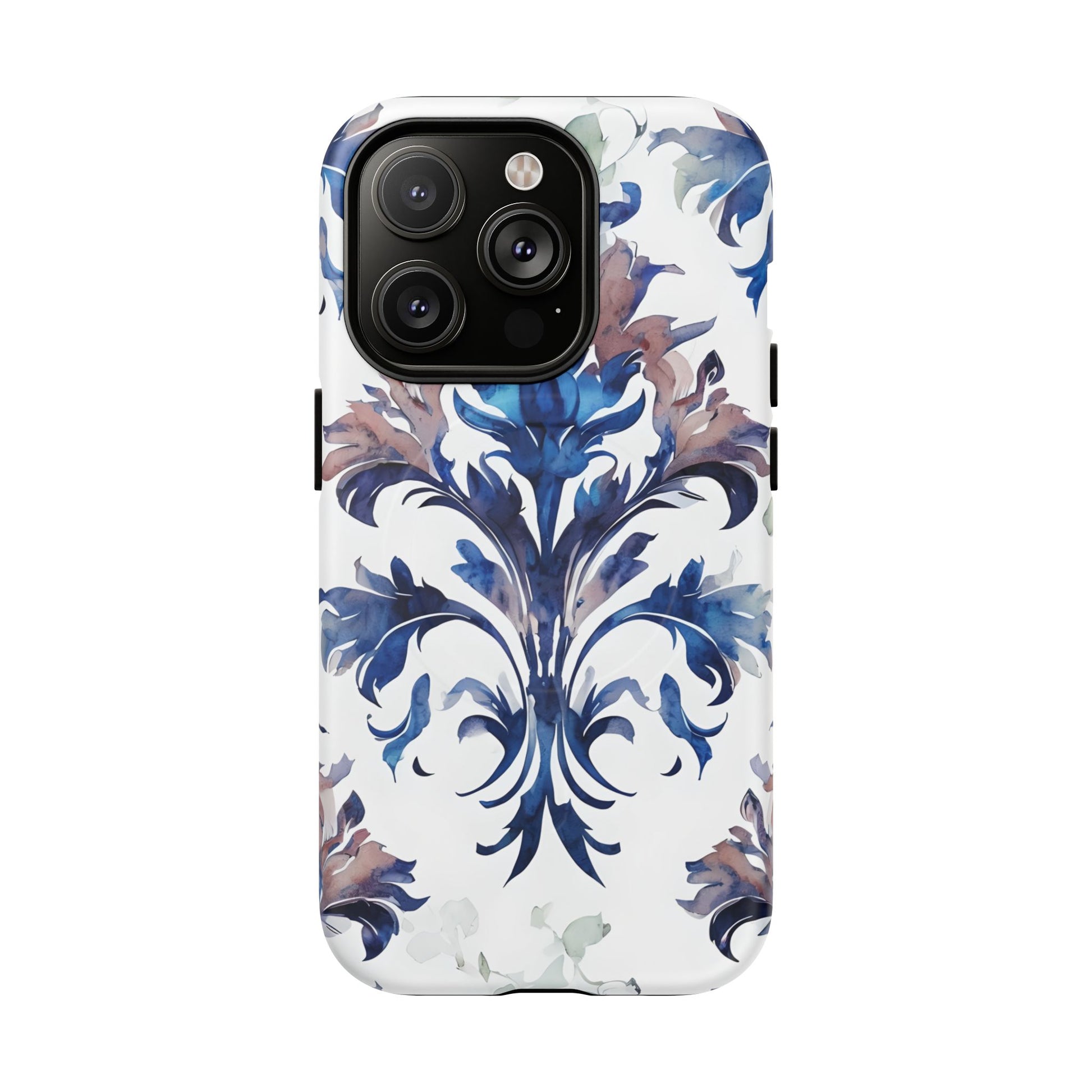Delft Reverie - Elegant Blue & White iPhone 14 Pro MagSafe Phone Case - Dutch Delftware-Inspired Floral Design