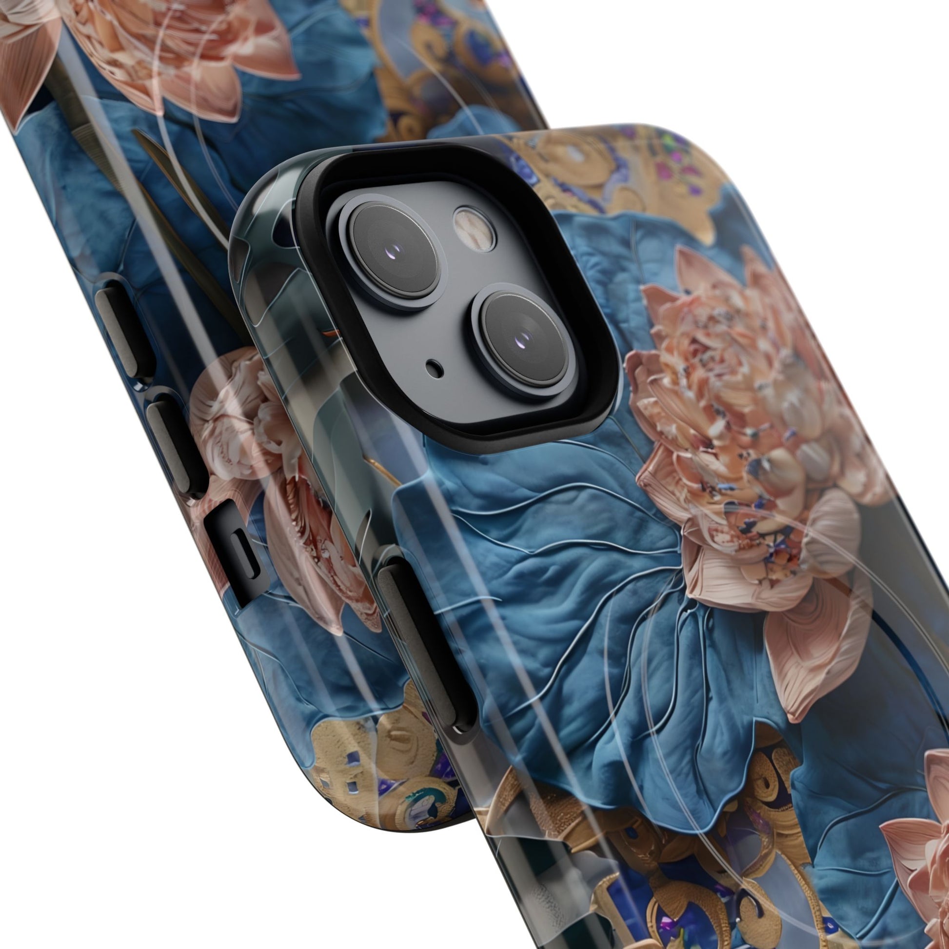 Peony Midnight Tapestry - iPhone 14 - MagSafe Compatible - Elegant Blue & Blush Artful Phone Cover