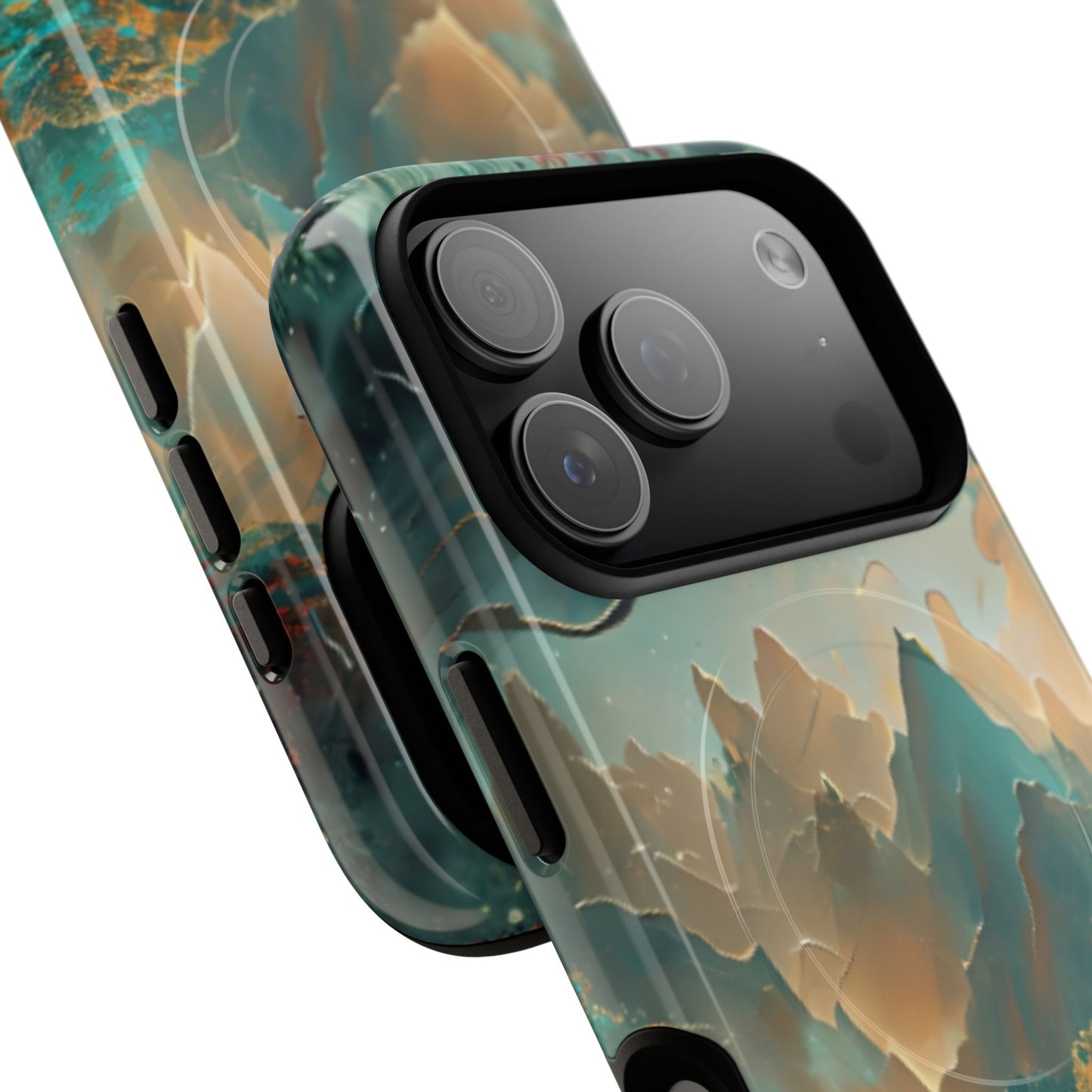 Angled view of Misty Horizon scenic mountain landscape iPhone MagSafe case with large camera cutout