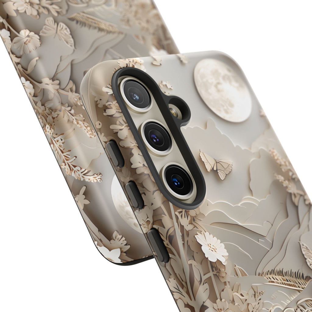 Moonlit Garden - Elegant Neutral Floral Samsung Galaxy S24 Tough Phone Case - Painterly Botanical & Moon Design