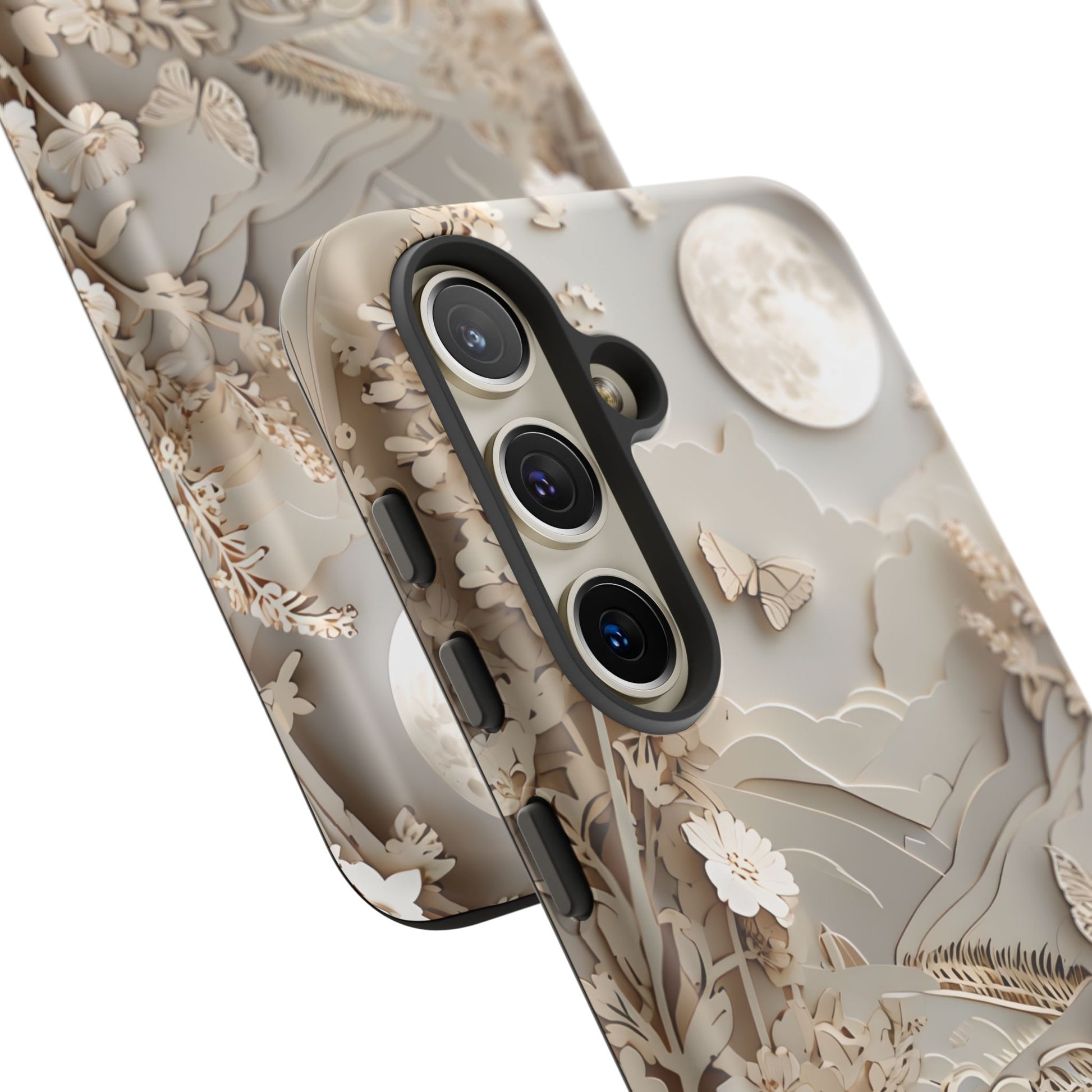Moonlit Garden - Elegant Neutral Floral Samsung Galaxy S24 Tough Phone Case - Painterly Botanical & Moon Design