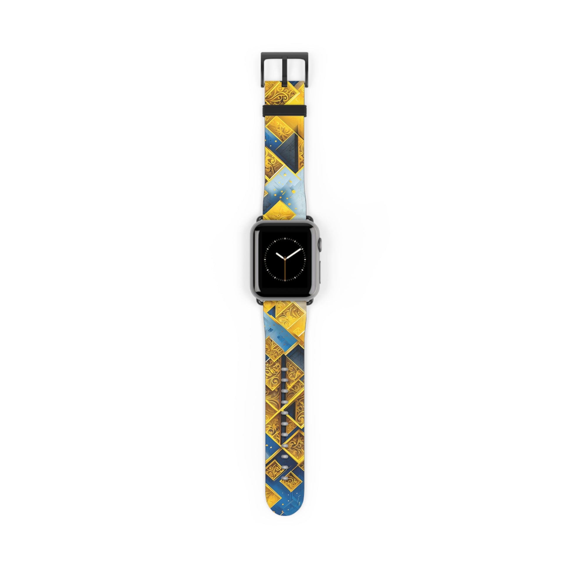 Golden Ascent Apple Watch band with watch face featuring geometric mountain pattern in gold and blue tones