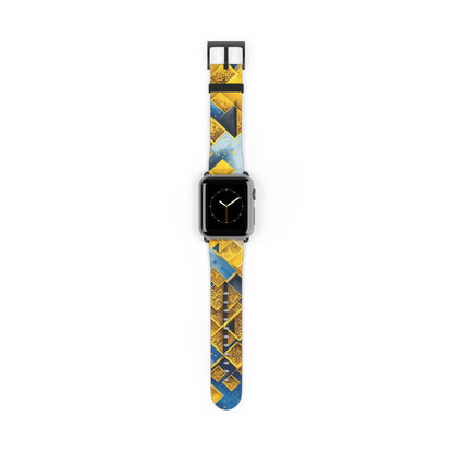 Golden Ascent Apple Watch band with watch face featuring geometric mountain pattern in gold and blue tones