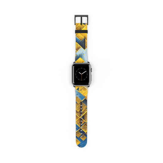Golden Ascent Apple Watch band with watch face featuring geometric mountain pattern in gold and blue tones