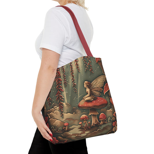 Willow Whisper canvas tote bag worn over shoulder displaying a fairy in a botanical forest-inspired design