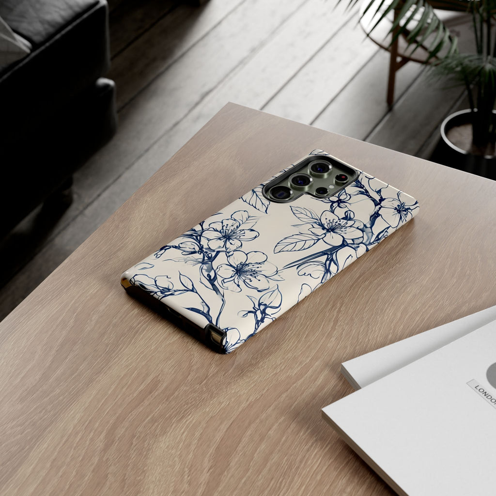 Blossom Sketch - Artistic Blue Floral Samsung Galaxy S23 Ultra Tough Phone Case - Hand-Drawn Botanical Design