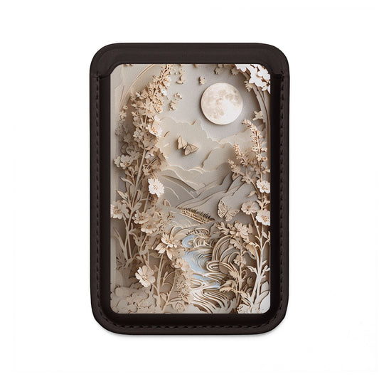 Moonlit Garden MagSafe card holder with moonlit landscape and botanical scene on black magnetic wallet.