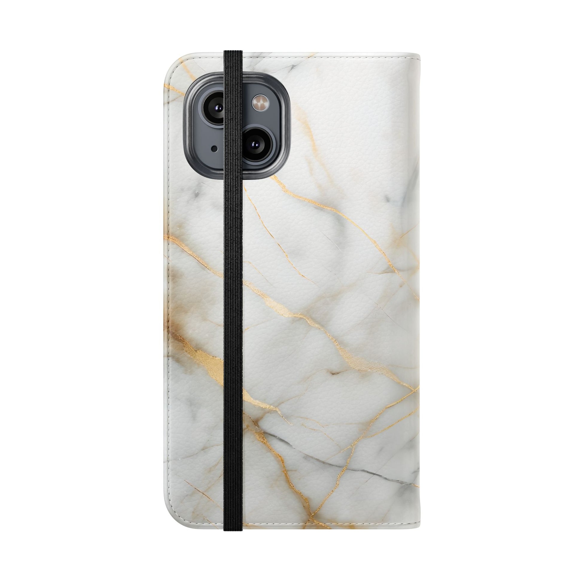 Golden Vein Wallet Phone Case - Gold & White Marble Design - Flip Cover for iPhone 14