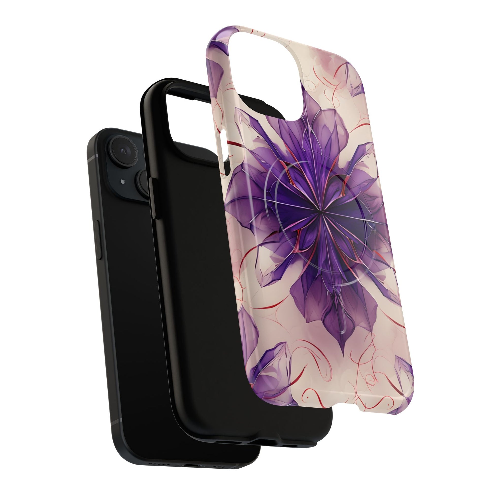 Violet Reverie - Kaleidoscope Collection Artistic Floral Burst - iPhone 15 MagSafe Phone Case - Bold Purple Symmetrical Design