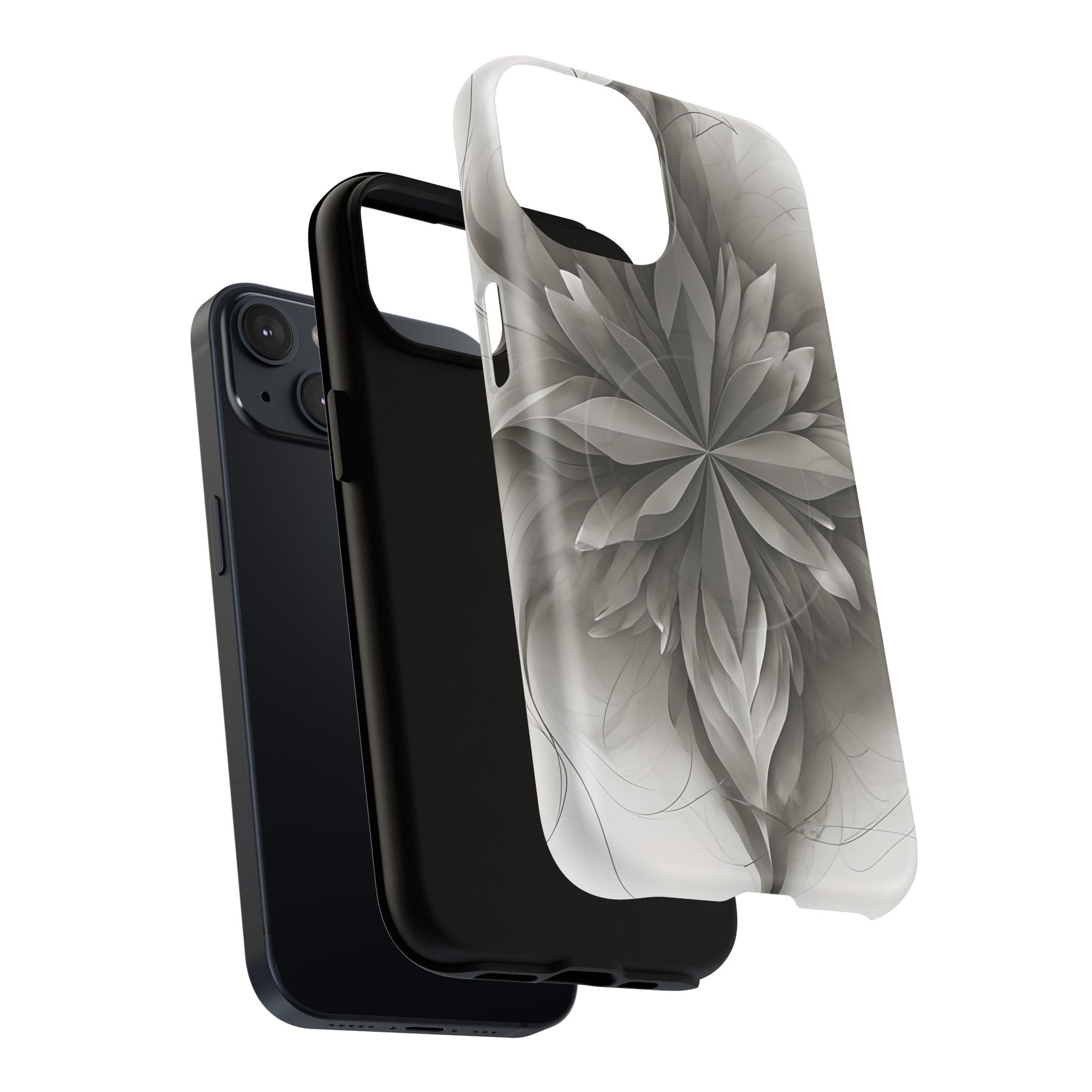 Silver Lotus - Elegant Monochrome Floral iPhone 14 MagSafe Phone Case - Modern Lotus Design