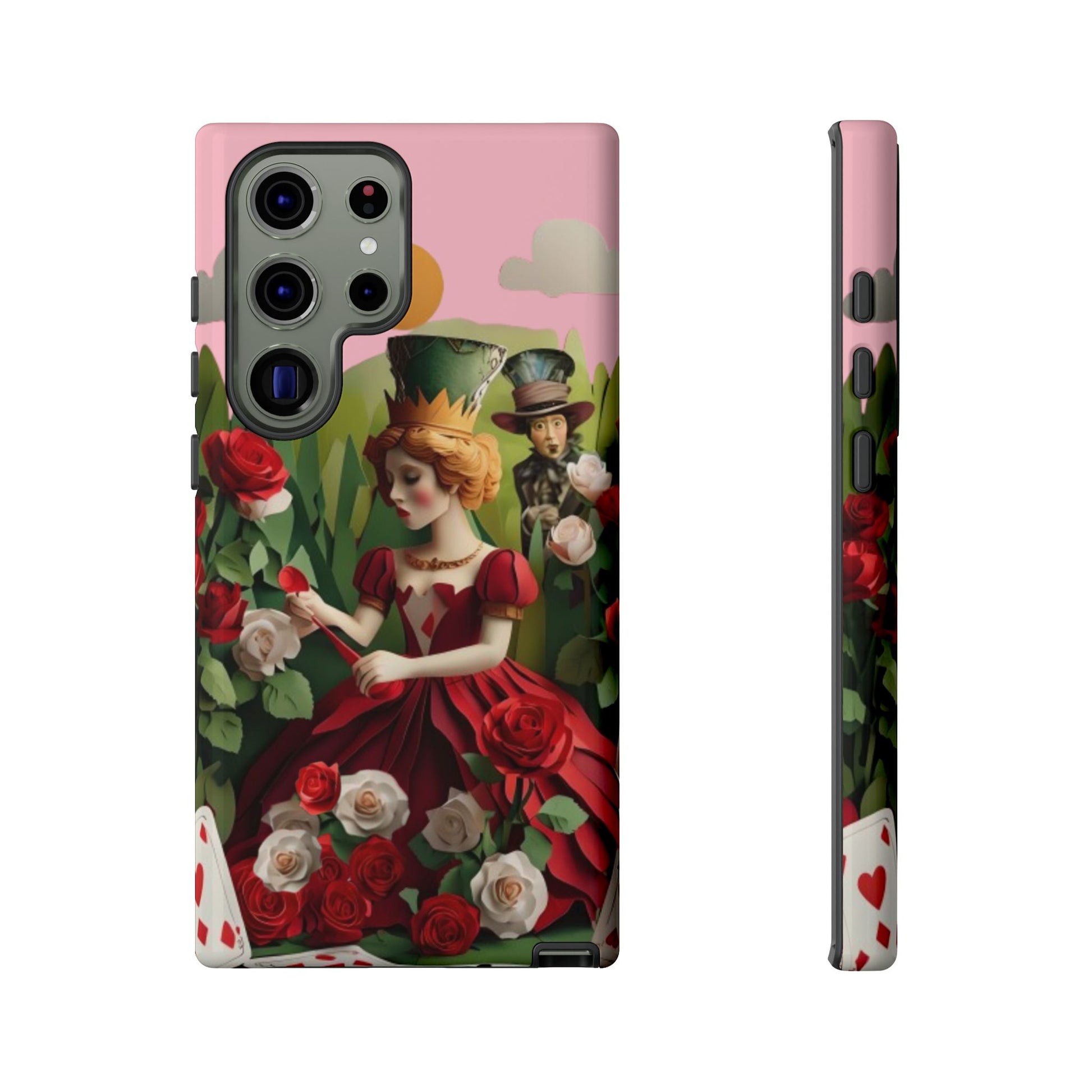 Regal Rose Court Samsung Galaxy tough case with crowned queen in red gown surrounded by red and white roses on pink background, back view