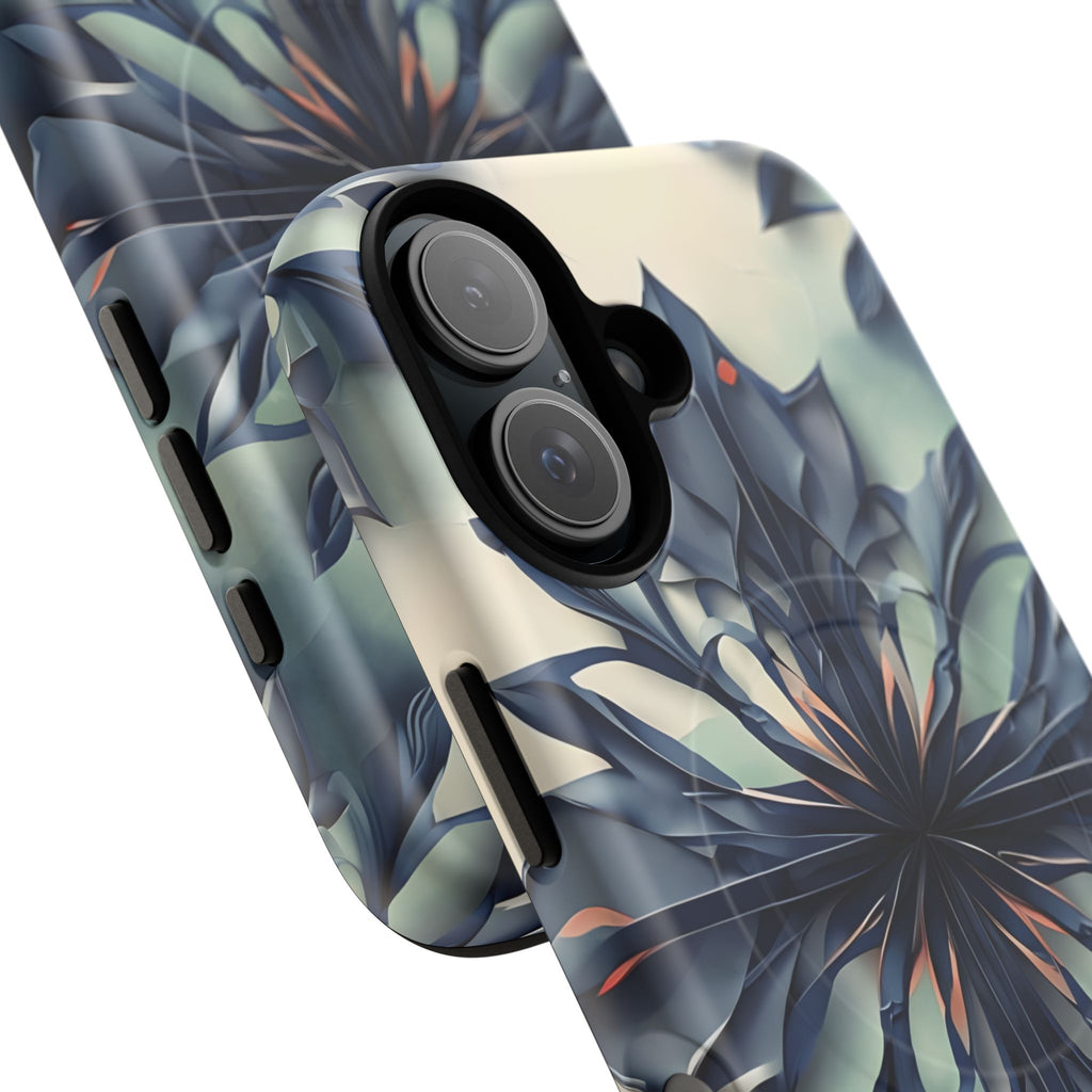 Frosted Indigo Bloom - Artistic Kaleidoscope Collection Artistic Floral - iPhone 16 MagSafe Phone Case -Blue Symmetrical Design