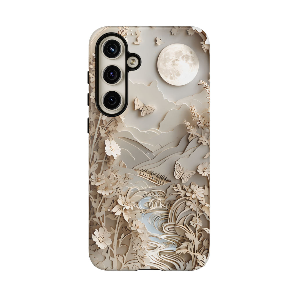 Moonlit Garden - Elegant Neutral Floral Samsung Galaxy S24 Plus Tough Phone Case - Painterly Botanical & Moon Design