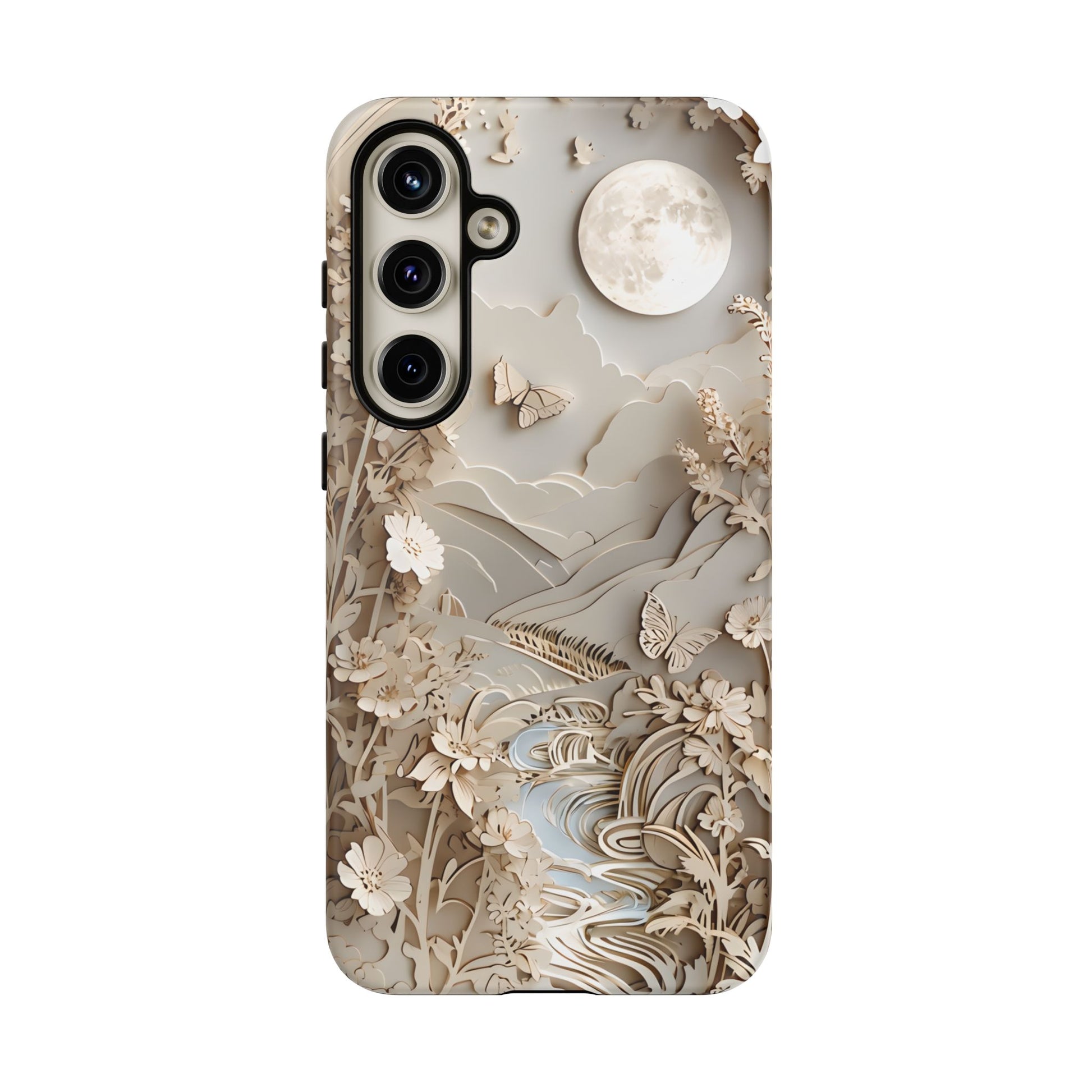 Moonlit Garden - Elegant Neutral Floral Samsung Galaxy S24 Plus Tough Phone Case - Painterly Botanical & Moon Design