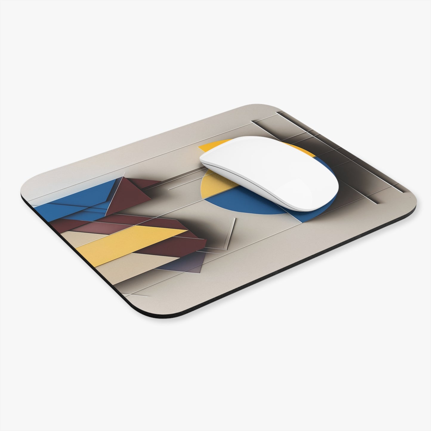 Chromatic Construct mouse pad in workspace with mouse showing modern geometric artwork