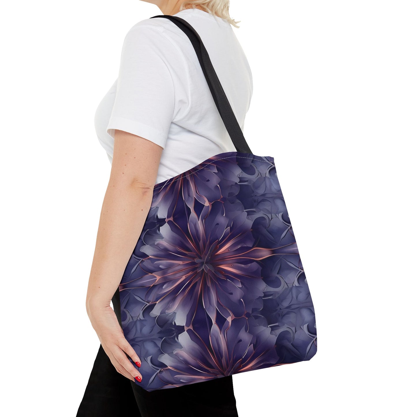 Twilight Tapestry canvas tote bag worn over shoulder showing purple and indigo tapestry artwork