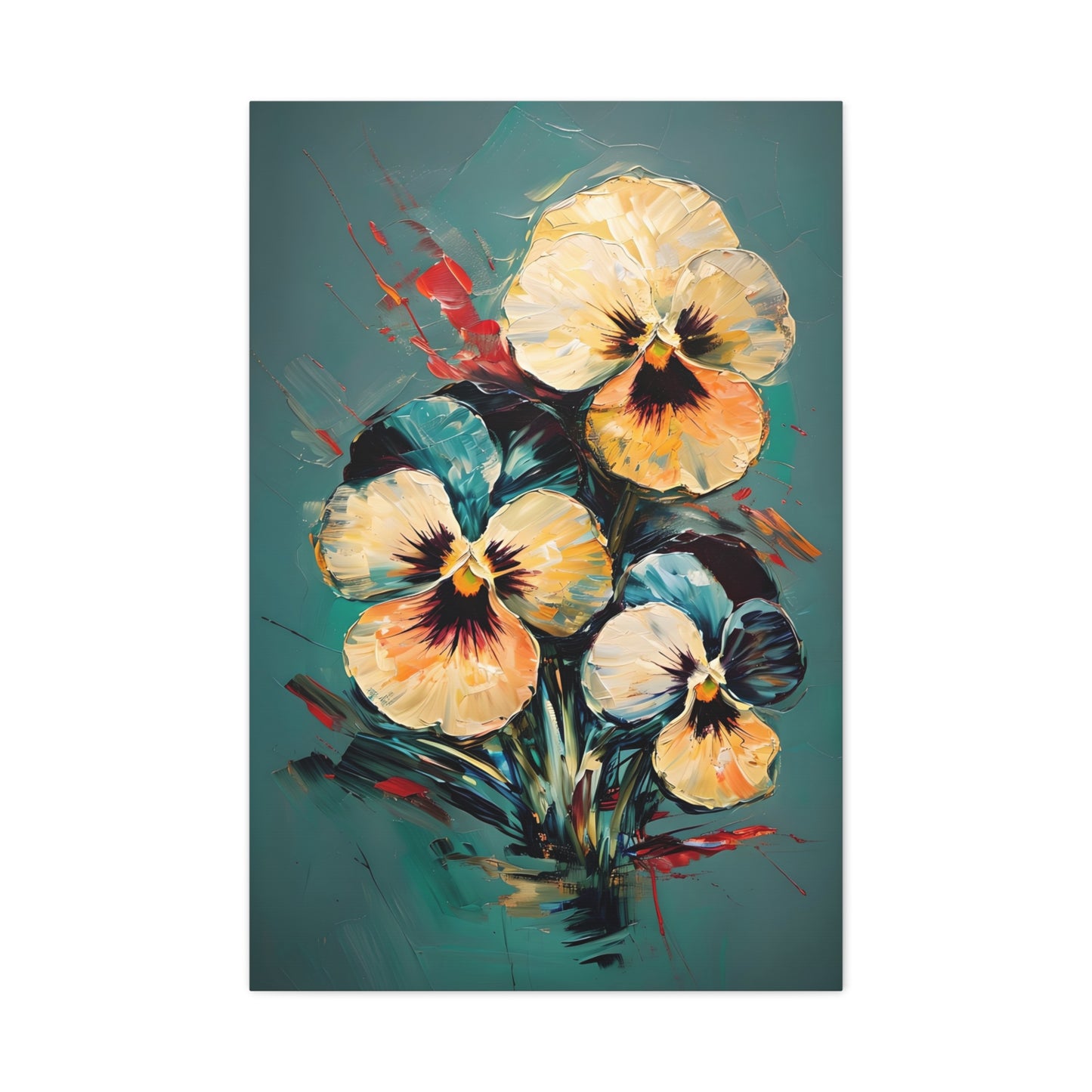 Golden Pansy Cascade floral wall art canvas featuring vibrant yellow pansies on a teal background