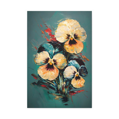 Golden Pansy Cascade floral wall art canvas featuring vibrant yellow pansies on a teal background