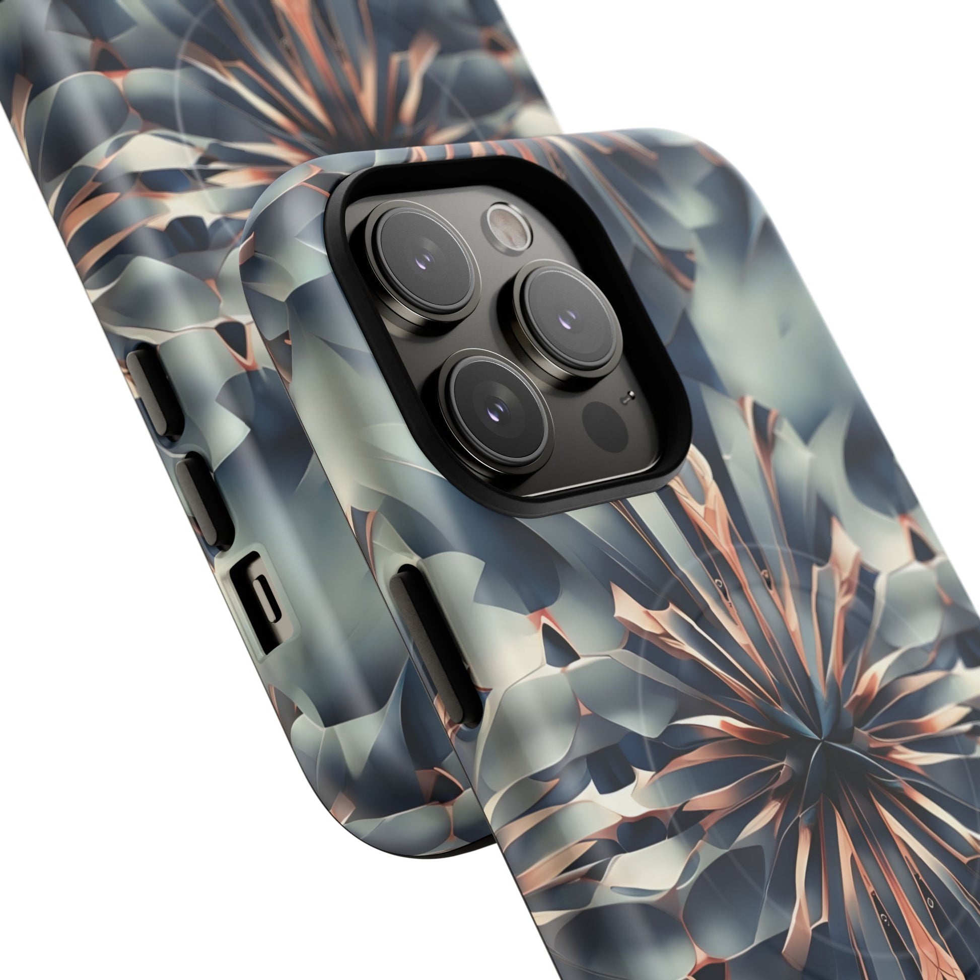 Obsidian Kaleidoscope Artistic Floral Burst - iPhone 14 Pro Max MagSafe Phone Case -Blue, Peach and Silver Symmetrical Design