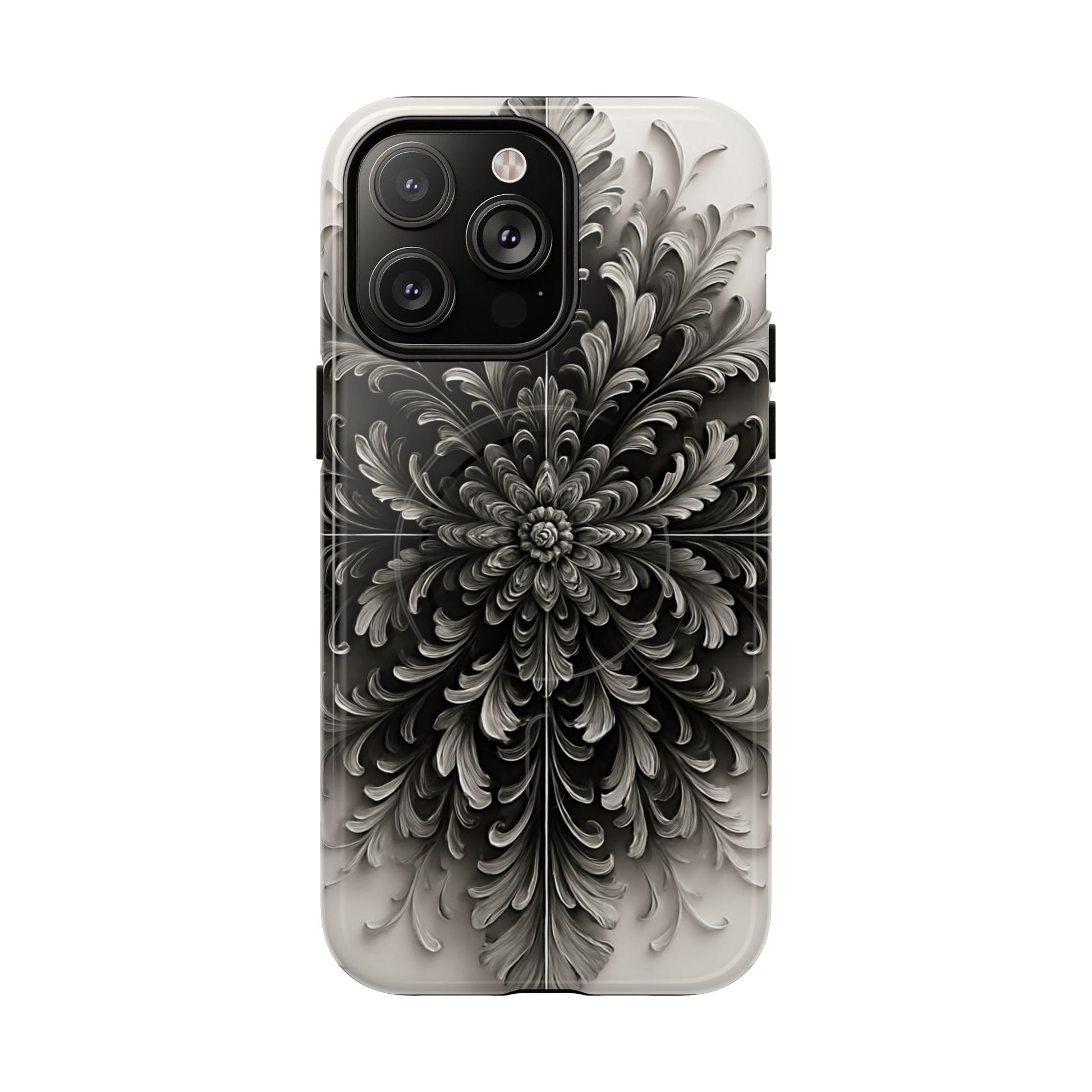 Obsidian Bloom - Elegant Black & White iPhone 14 Pro Max MagSafe Phone Case - Intricate Mandala Flower Design